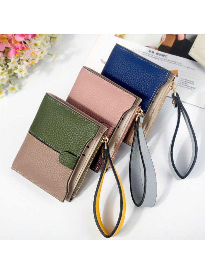 Hengsheng new lady's wallet short fashion Korean two color litchi pattern stitching zipper handbag