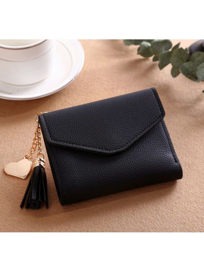 Women's short Korean version purse tassel pendant litchi pattern wallet multi card zero wallet