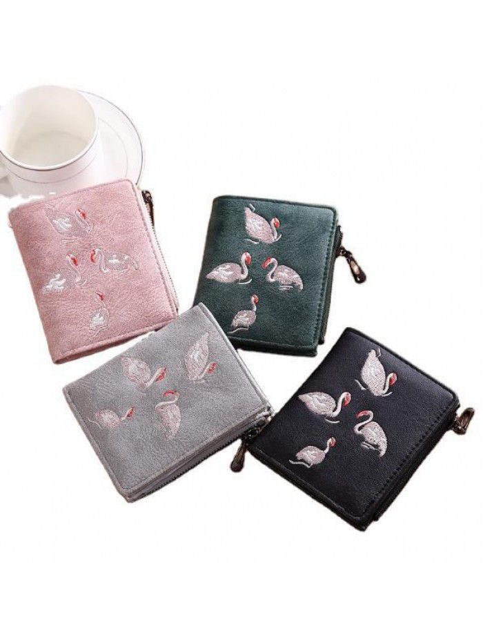 New lady's wallet Korean handmade embroidery White Swan wallet card bag zero wallet frosted leather wallet wholesale