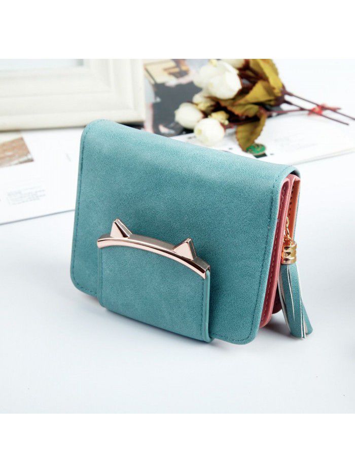 Hengsheng new women's wallet short Korean fashion cat ear tassel zipper women's bag hand bag zero wallet