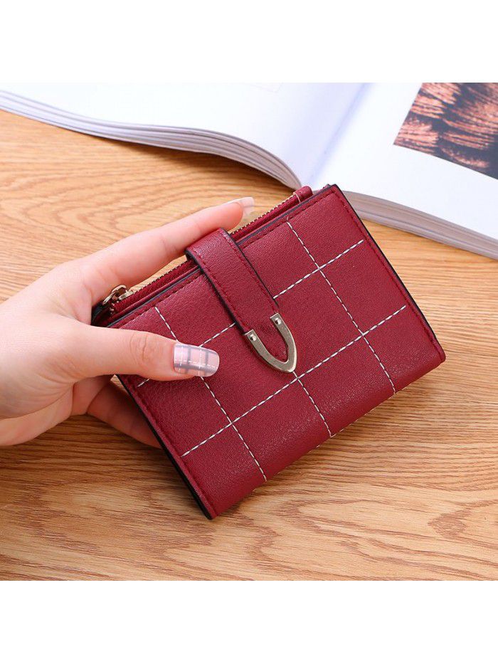 lattice women's wallet short Korean student folding multi-function small fresh buckle card bag small wallet