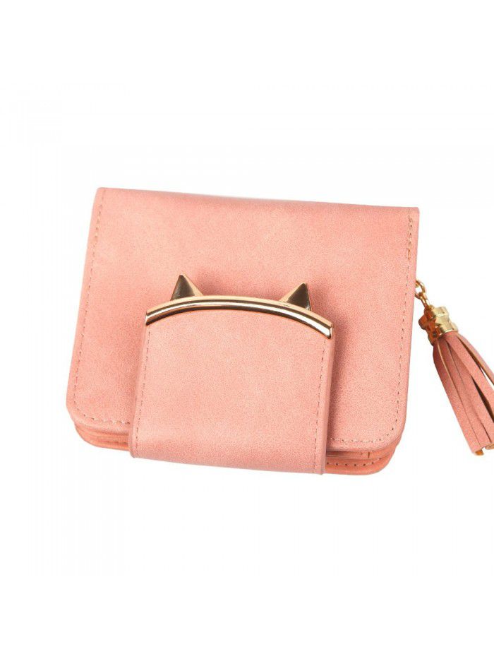 Hengsheng new women's wallet short Korean fashion cat ear tassel zipper women's bag hand bag zero wallet