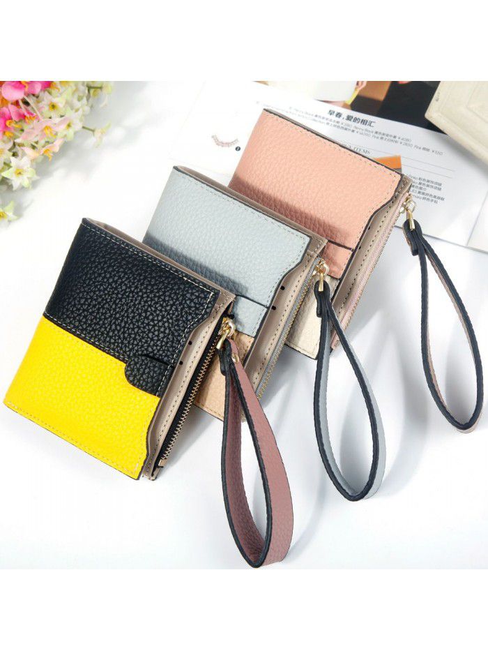 Hengsheng new lady's wallet short fashion Korean two color litchi pattern stitching zipper handbag