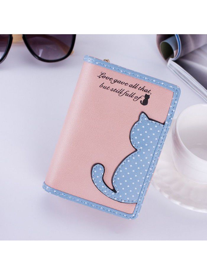 Korean women's wallet long Korean cute color contrast cat wave point student zipper wallet wallet wholesale