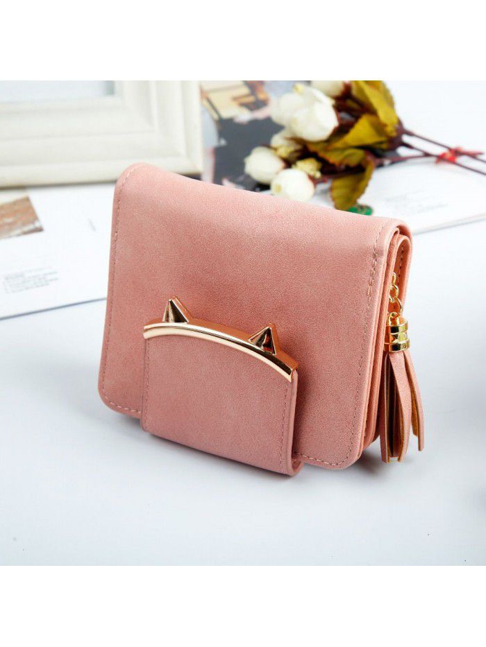 Hengsheng new women's wallet short Korean fashion cat ear tassel zipper women's bag hand bag zero wallet