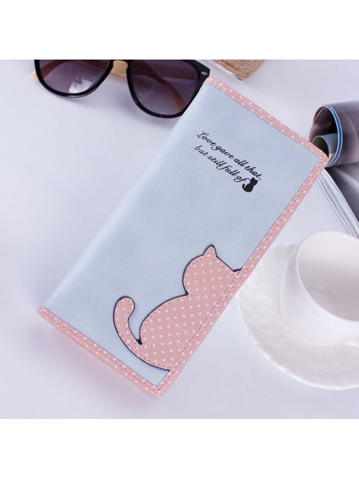 Korean women's wallet long Korean cute color contrast cat wave point student zipper wallet wallet wholesale