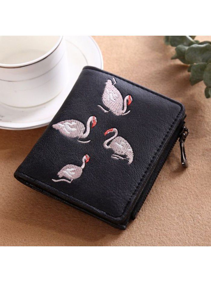 New lady's wallet Korean handmade embroidery White Swan wallet card bag zero wallet frosted leather wallet wholesale