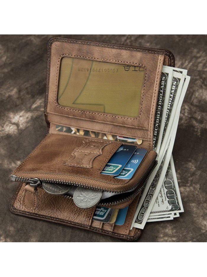 Men's European and American wallet short leather leather leather vertical wallet driver's license multi function retro men's card bag integration