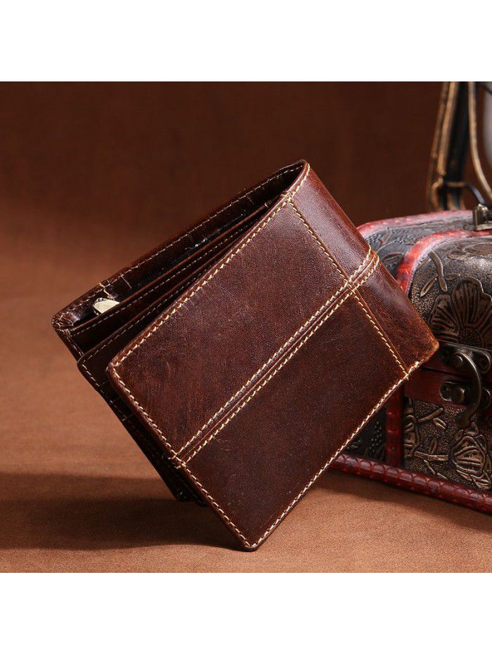 New leather wallet men's Leather Wallet casual short oil wax leather wallet men's multi card generation