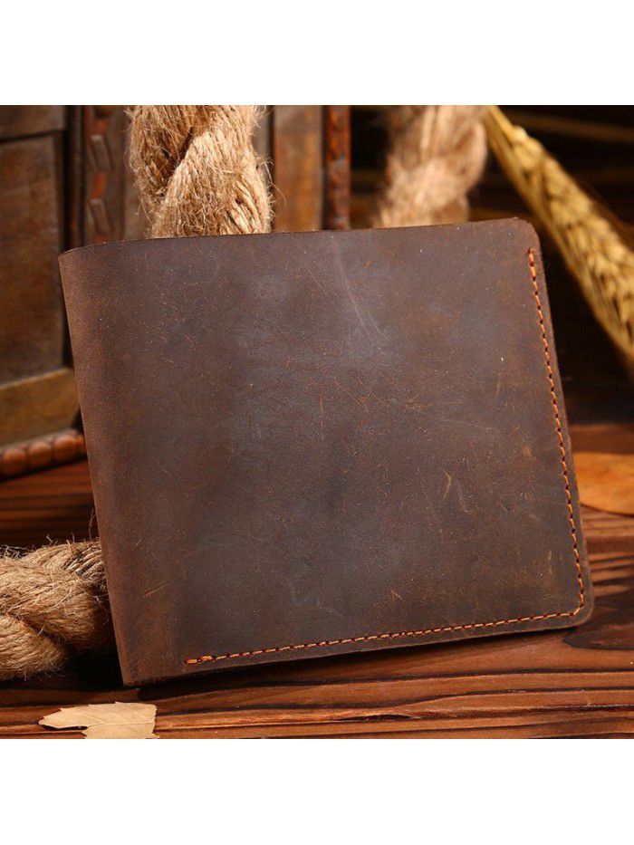 Manufacturer a retro crazy horse skin men's short wallet, leather wallet, leather leisure bag