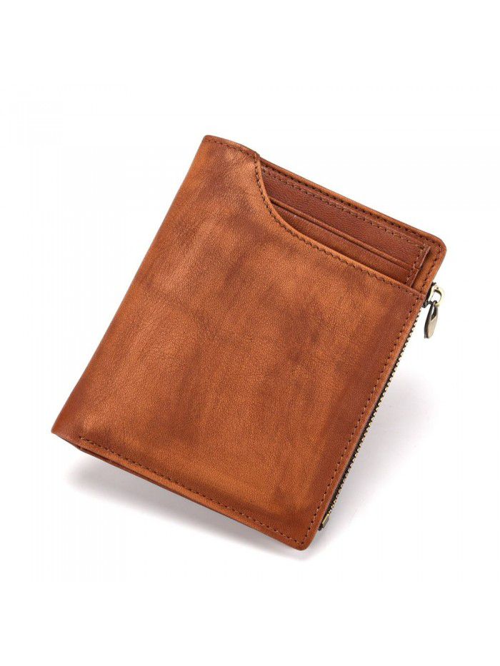 Vegetable tanned cow leather men's purse short hand rubbing color Retro Leather change clip layer cow leather vertical leather bag