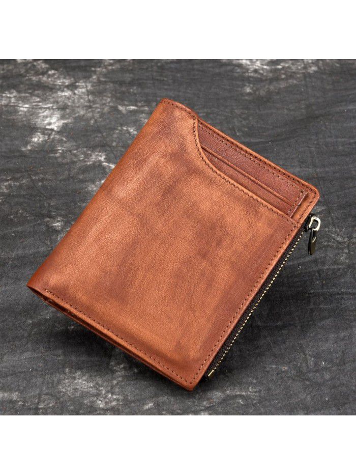 Vegetable tanned cow leather men's purse short hand rubbing color Retro Leather change clip layer cow leather vertical leather bag