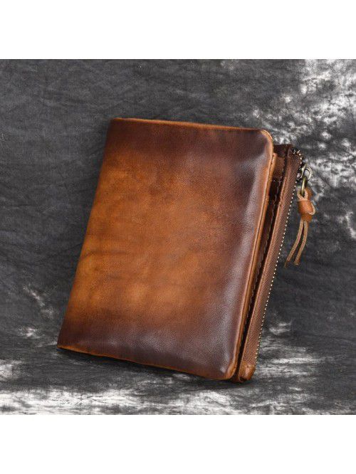 Leather retro double zipper men's purse leather re...