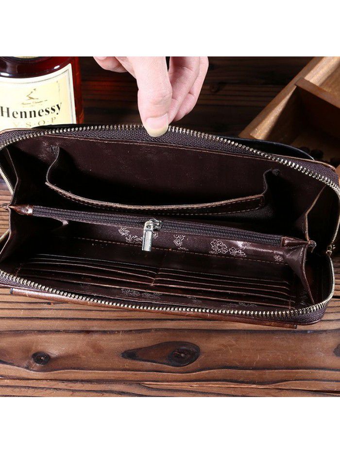 Wholesale leather retro oil wax leather men's Long Wallet head leather handbag business Wallet Leather Men's bag