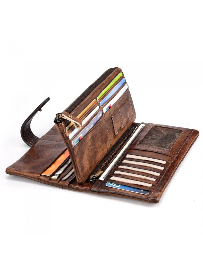 New Retro Leather leather leather fashion splicing Long Wallet leisure multi Card Leather Men's RIFD Wallet