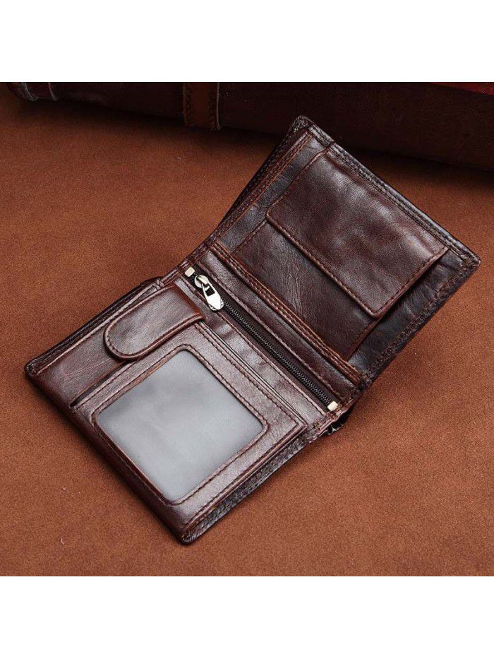 New leather short wallet European and American retro men's vertical oil wax leather top leather wallet foreign trade source