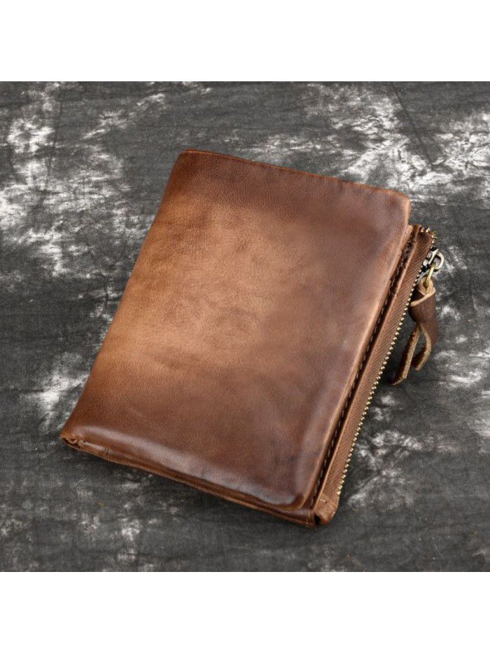 Leather retro double zipper men's purse leather retro head leather men's bag casual zero wallet wholesale