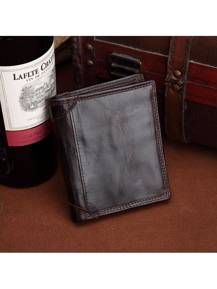 New leather short wallet European and American retro men's vertical oil wax leather top leather wallet foreign trade source