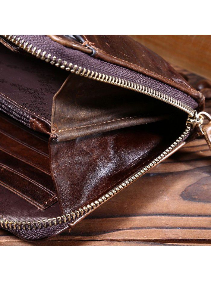 Wholesale leather retro oil wax leather men's Long Wallet head leather handbag business Wallet Leather Men's bag