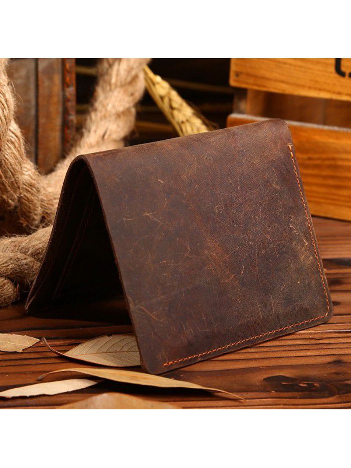 Manufacturer a retro crazy horse skin men's short wallet, leather wallet, leather leisure bag