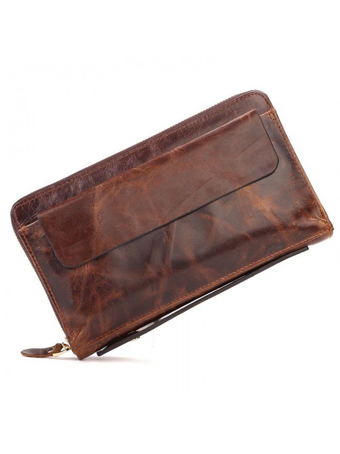 Wholesale leather retro oil wax leather men's Long Wallet head leather handbag business Wallet Leather Men's bag