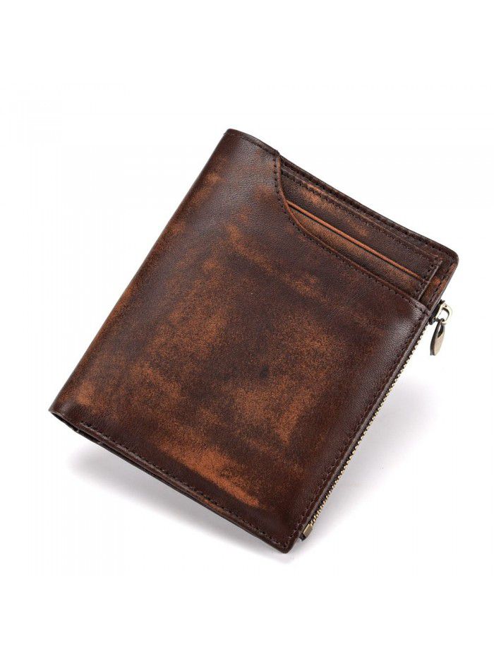 Vegetable tanned cow leather men's purse short hand rubbing color Retro Leather change clip layer cow leather vertical leather bag