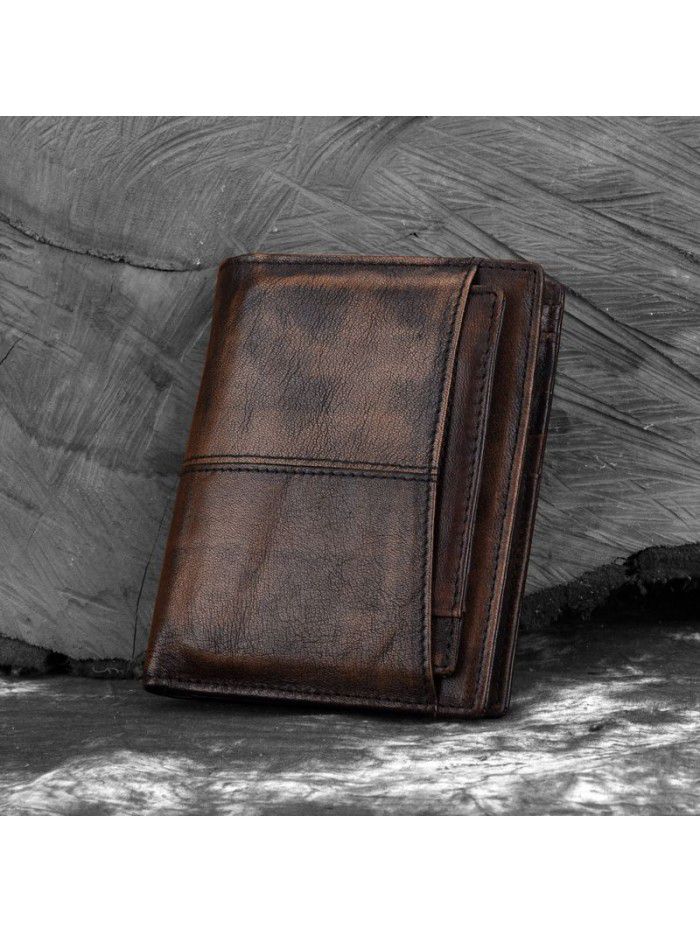 New vegetable tanned leather retro men's wallet anti theft brush anti RFID head leather wallet leather used Wallet