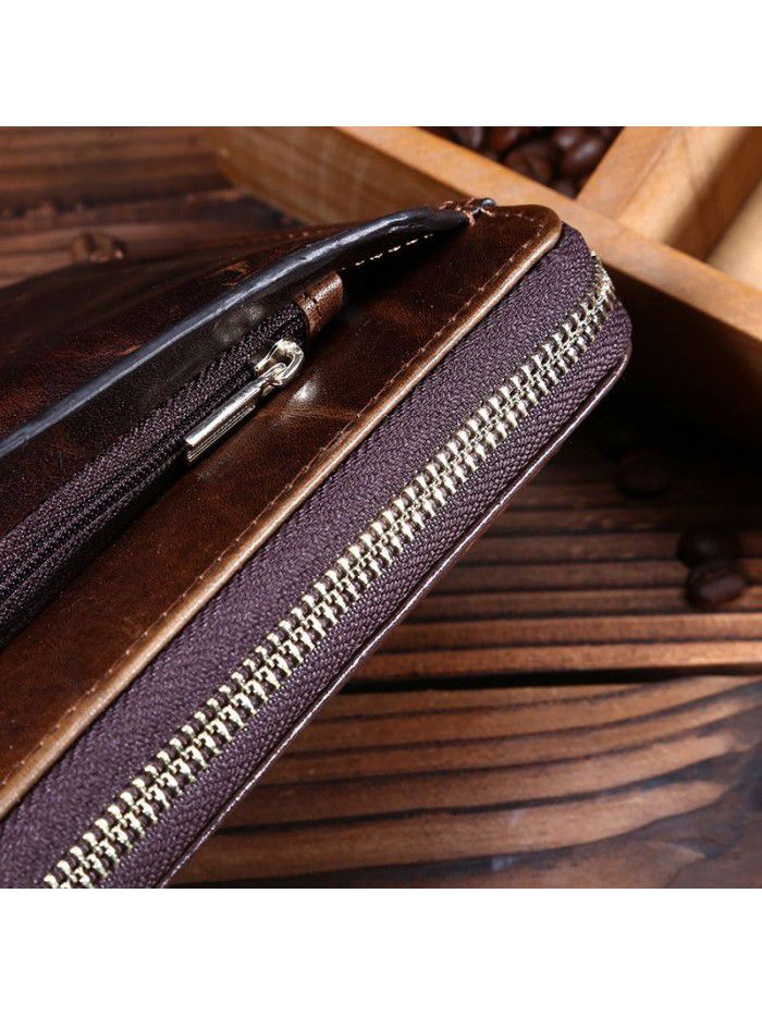 Wholesale leather retro oil wax leather men's Long Wallet head leather handbag business Wallet Leather Men's bag