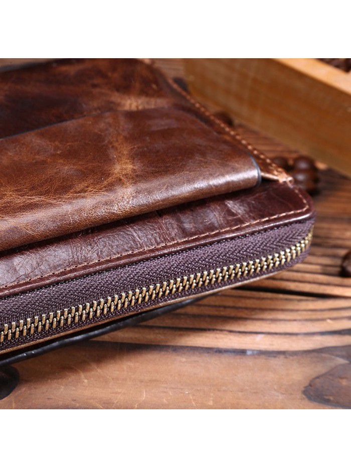 Wholesale leather retro oil wax leather men's Long Wallet head leather handbag business Wallet Leather Men's bag