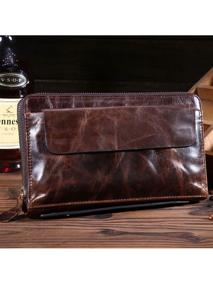 Wholesale leather retro oil wax leather men's Long Wallet head leather handbag business Wallet Leather Men's bag