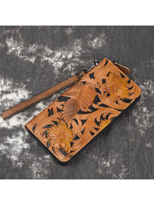 Men's Retro wallet head leather carving leisure zi...