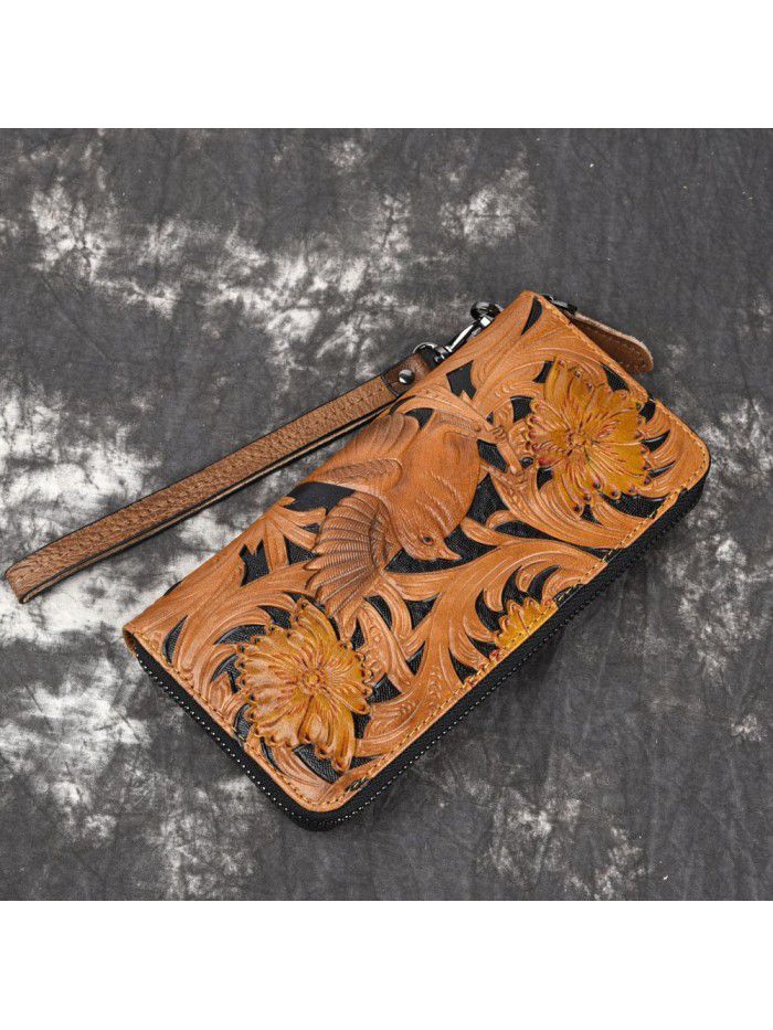 Men's Retro wallet head leather carving leisure zipper bag hand painted European and American men's bag