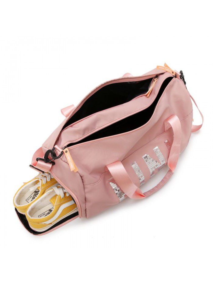 Sequin pink luggage bag nylon dry wet separation separate shoe position portable one shoulder large capacity travel fitness bag