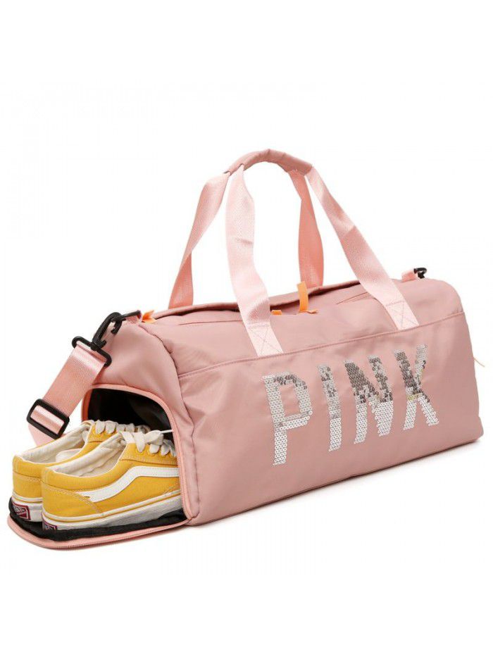 Sequin pink luggage bag nylon dry wet separation separate shoe position portable one shoulder large capacity travel fitness bag