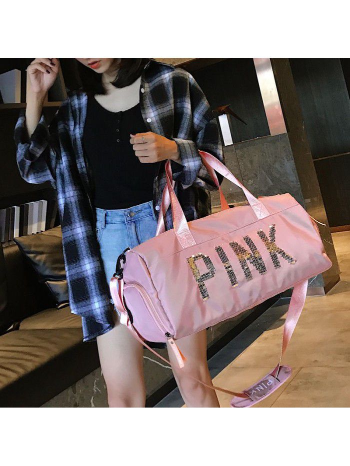 Sequin pink luggage bag nylon dry wet separation separate shoe position portable one shoulder large capacity travel fitness bag