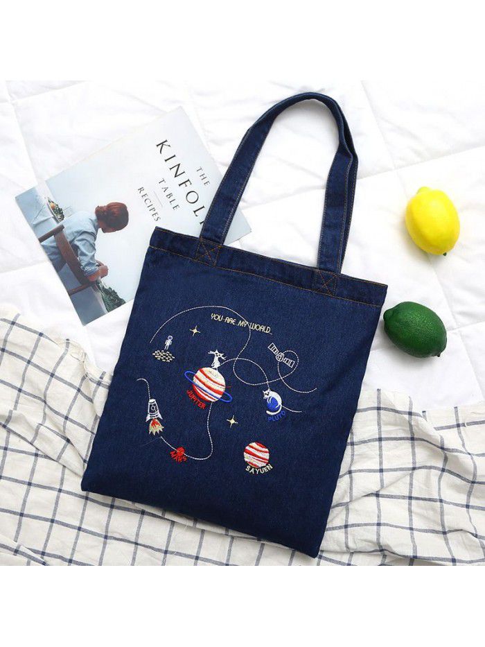 New washed denim handbag women's Korean embroidery women's shoulder bag simple fawn canvas bag customization