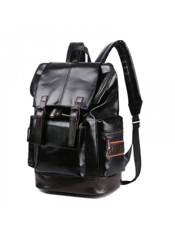 Korean men's PU leather backpack fashion trend schoolbag Student Backpack leisure business soft leather travel bag