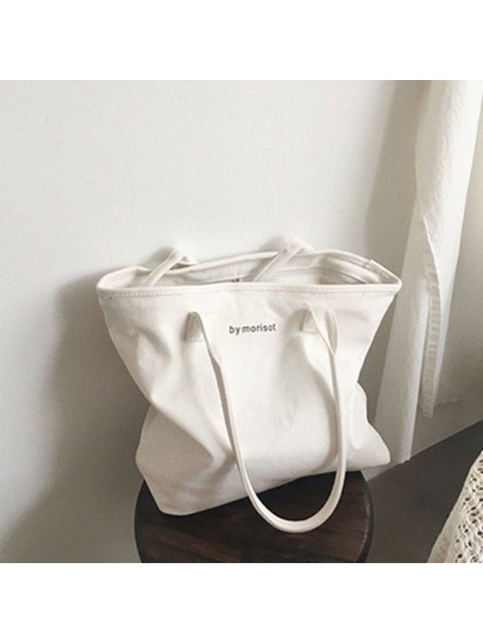 Korean new versatile large capacity letter zipper canvas bag minimalist style women's shoulder bag leisure Tote Bag