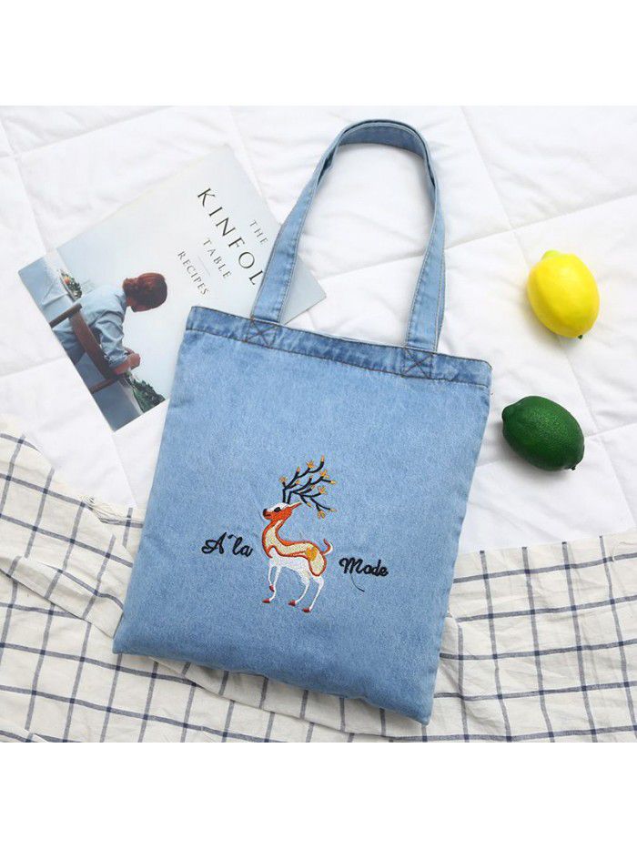 New washed denim handbag women's Korean embroidery women's shoulder bag simple fawn canvas bag customization