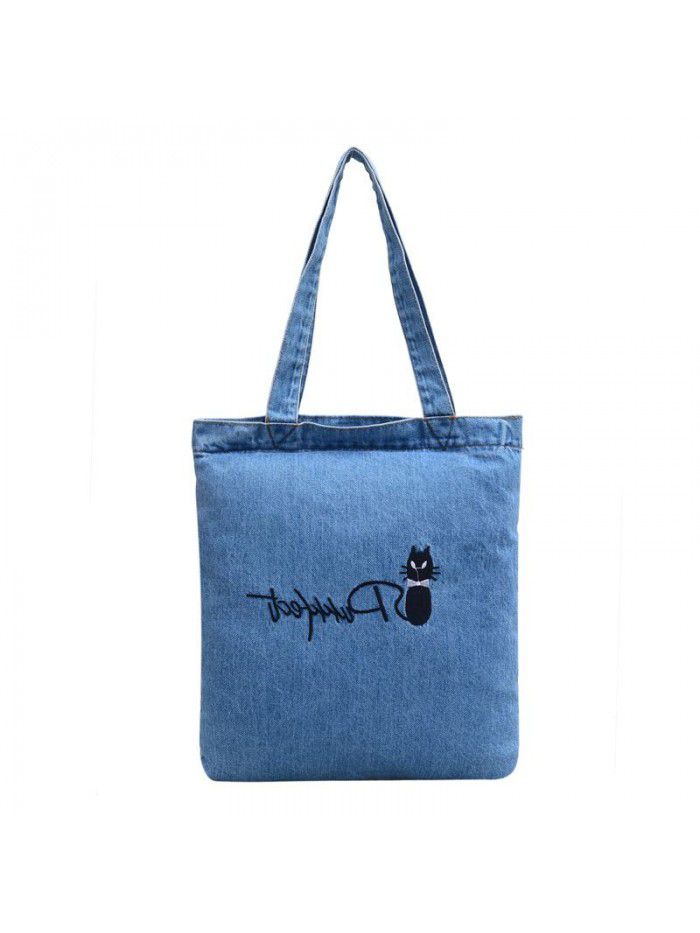 New washed denim handbag women's Korean embroidery women's shoulder bag simple fawn canvas bag customization