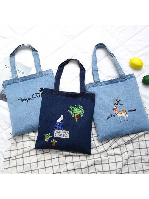 New washed denim handbag women's Korean embroidery...