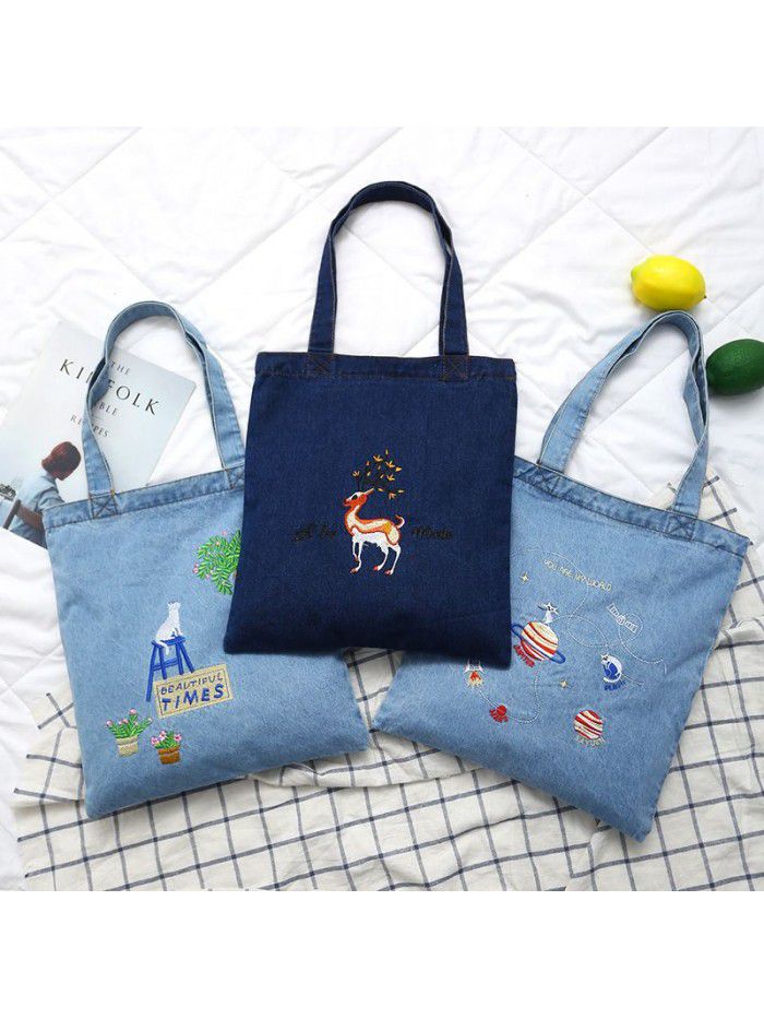 New washed denim handbag women's Korean embroidery women's shoulder bag simple fawn canvas bag customization