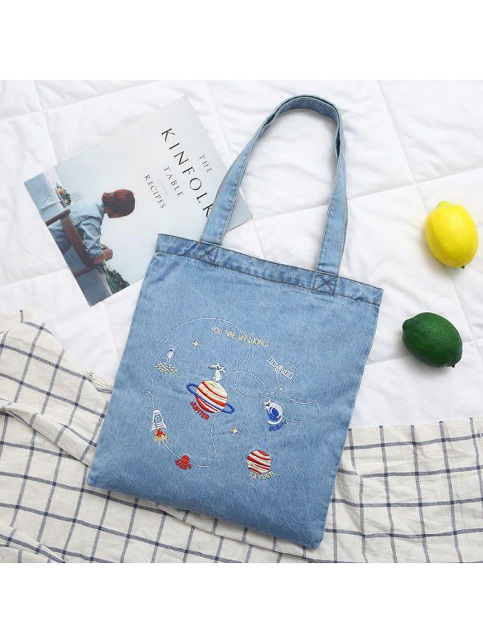 New washed denim handbag women's Korean embroidery women's shoulder bag simple fawn canvas bag customization