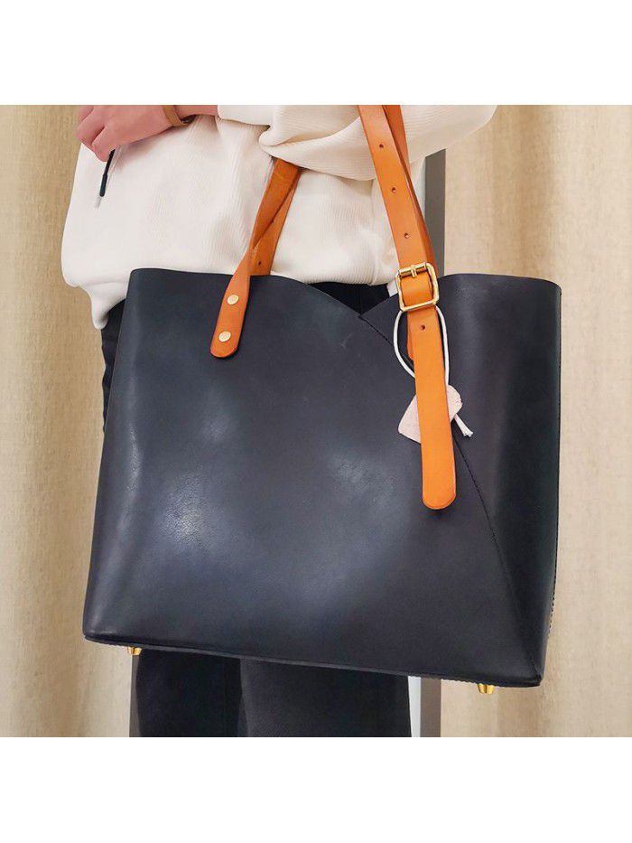 New fashion women's bag simple retro one shoulder bag large capacity vegetable tanned leather portable fashion One Shoulder Tote Bag