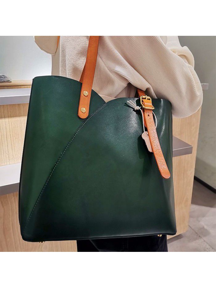 New fashion women's bag simple retro one shoulder bag large capacity vegetable tanned leather portable fashion One Shoulder Tote Bag