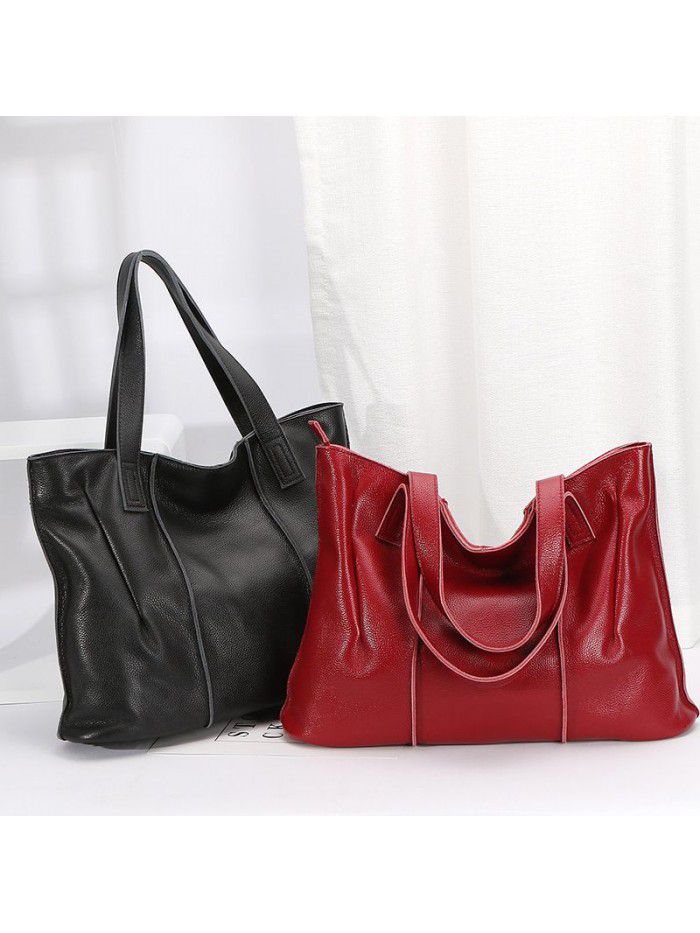 Bag female litchi soft leather tote bag simple and versatile large capacity commuting one shoulder portable leather foreign trade women's bag