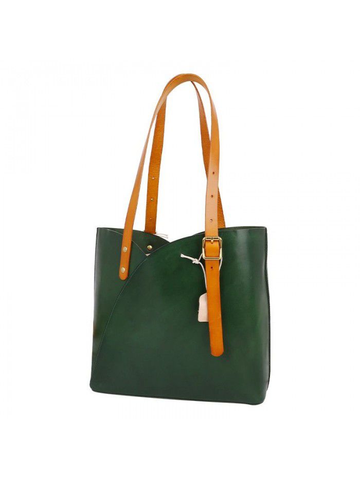 New fashion women's bag simple retro one shoulder bag large capacity vegetable tanned leather portable fashion One Shoulder Tote Bag