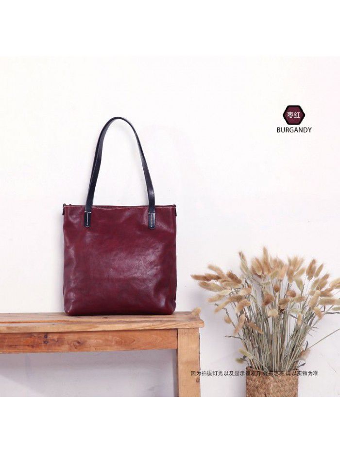  new original manual vegetable tanning leather vertical one shoulder handbag women's bag top leather contrast Tote Bag