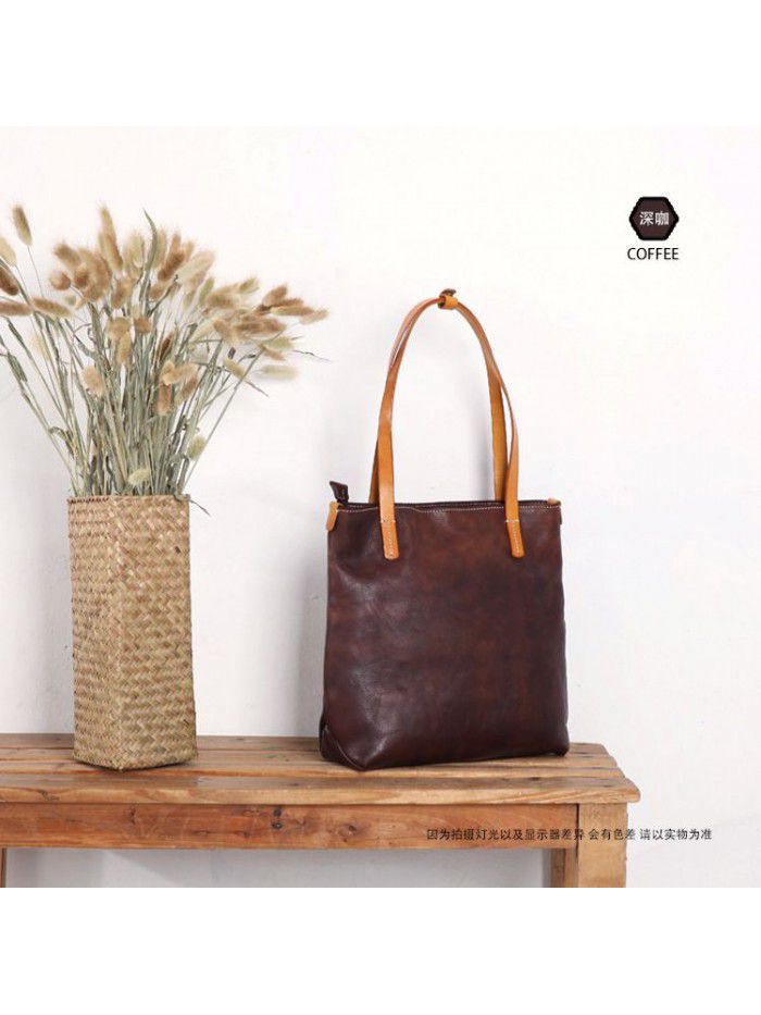  new original manual vegetable tanning leather vertical one shoulder handbag women's bag top leather contrast Tote Bag