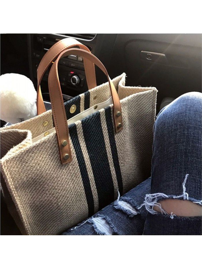 Korean women's hand-held briefcase professional commuting stripe simple one shoulder large bag ins large capacity canvas bag